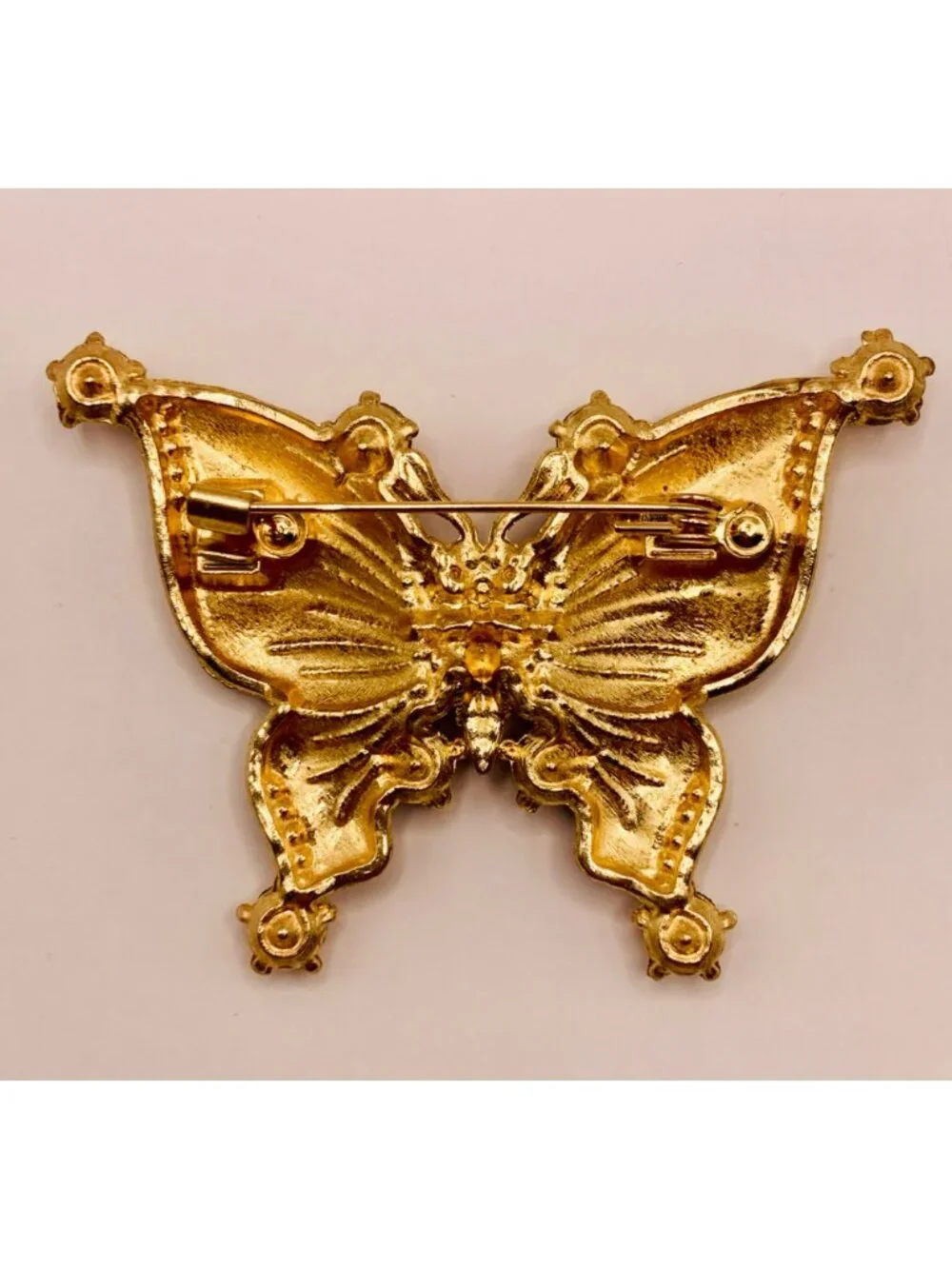 Butterfly Gold-Tone Rhinestone Brooch Vibrant Orange & Black Enamel Wings -47B